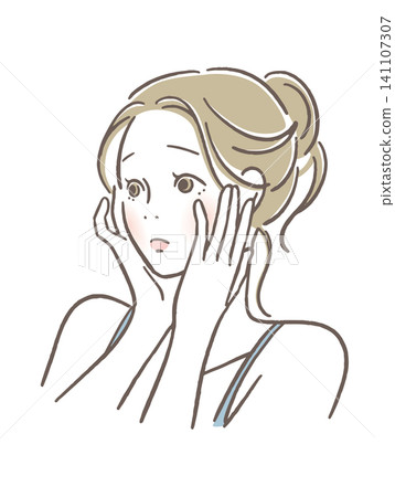 A woman with her hand on her cheek looks troubled. A woman with her hand on her cheek looks troubled. 141107307