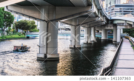 City bridge piers and pleasure boats traversing the river City bridge piers and pleasure boats traversing the river 141107363