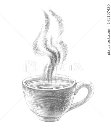 Pencil sketch hot teacup and steam. Hand-drawn monochrome cup with steam illustration on an isolated background. For cafe menus, tea packaging, and cozy morning breakfast designs. 141107420