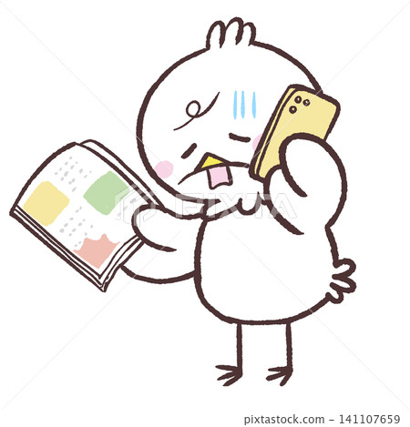 An illustration of a disappointed white bird holding a magazine and making a phone call. 141107659