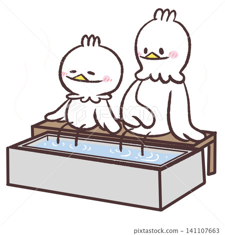 Illustration of white birds soaking their feet in a footbath Illustration of white birds soaking their feet in a footbath 141107663