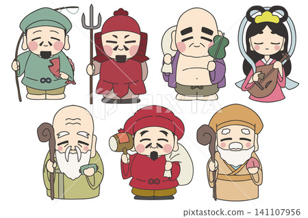 Set of illustrations of the Seven Lucky Gods Set of illustrations of the Seven Lucky Gods 141107956