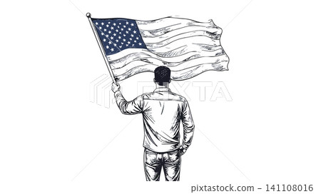 Man holding waving american flag drawing Man holding waving american flag drawing 141108016