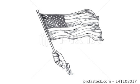 Hand holding waving american flag patriotism sketch Hand holding waving american flag patriotism sketch 141108017