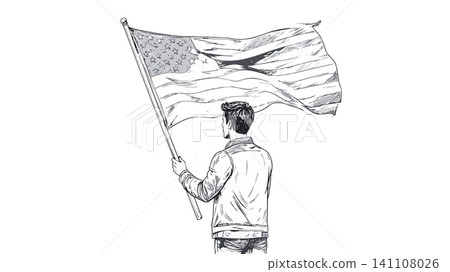 Man holding waving american flag, patriotism sketch Man holding waving american flag, patriotism sketch 141108026
