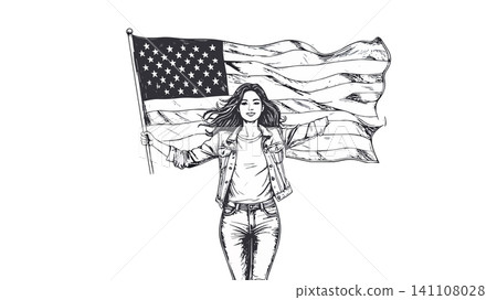 Young woman holding and waving american flag Young woman holding and waving american flag 141108028