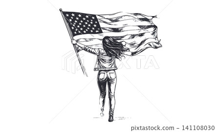 Woman holding strong waving american flag illustration Woman holding strong waving american flag illustration 141108030
