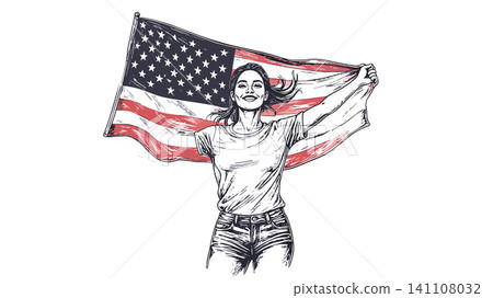 Woman holding waving american flag illustration promoting patriotism Woman holding waving american flag illustration promoting patriotism 141108032
