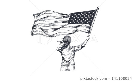 Woman holding waving american flag hand drawing Woman holding waving american flag hand drawing 141108034