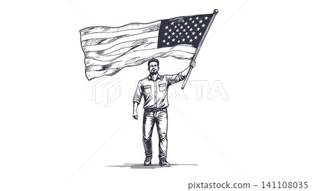 Man holding waving american flag sketch Man holding waving american flag sketch 141108035