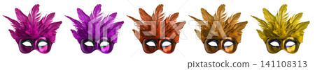 Set collection of colourful glitter shiny venetian carnival masquerade mask with feathers fur, purple, violet, orange, gold, yellow, bronze on transparent cutout PNG file. Mockup template Set collection of colourful glitter shiny venetian carnival masquerade mask with feathers fur, purple, violet, orange, gold, yellow, bronze on transparent cutout PNG file. Mockup template 141108313