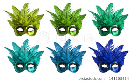Set collection of colourful glitter shiny venetian carnival masquerade mask with feathers fur, turquoise, blue, green, lime on transparent cutout PNG file. Mockup template for artwork Set collection of colourful glitter shiny venetian carnival masquerade mask with feathers fur, turquoise, blue, green, lime on transparent cutout PNG file. Mockup template for artwork 141108314