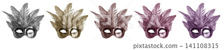 Set collection of muted subtle glitter shiny venetian carnival masquerade mask with feathers fur, grey, brown, bronze, pink, violet on transparent cutout PNG file. Mockup template for artwork design Set collection of muted subtle glitter shiny venetian carnival masquerade mask with feathers fur, grey, brown, bronze, pink, violet on transparent cutout PNG file. Mockup template for artwork design 141108315