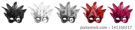 Set collection of colourful glitter shiny venetian carnival masquerade mask with feathers fur, black, grey, white, red, pink, magenta on transparent cutout PNG file. Mockup template for design 141108317