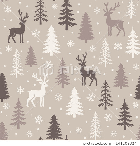 Christmas seamless pattern with reindeer silhouettes, fir trees, snowflakes, and falling snow on taupe winter forest background 141108324