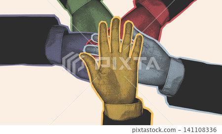 Diverse Colorful Halftone Hands Stacking Teamwork Illustration Diverse Colorful Halftone Hands Stacking Teamwork Illustration 141108336