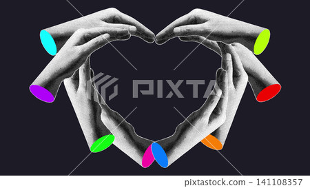 Diverse Colorful Halftone Hands Heart Shape Illustration 141108357
