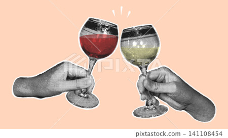 Halftone Hands Clinking Wine Glasses Red White Illustration Halftone Hands Clinking Wine Glasses Red White Illustration 141108454