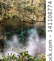 A mystical spring-fed pond glistening with rain, its surface clear and blue – a beautiful autumn scene. 141108774