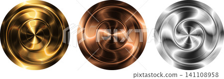 Gold, bronze and silver metal coins or circle medals vector set. Gold, bronze and silver metal coins or circle medals vector set. 141108958