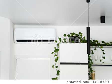 Wall mounted air conditioner and green plant on white kitchen cabinet, modern home interior design Wall mounted air conditioner and green plant on white kitchen cabinet, modern home interior design 141109081