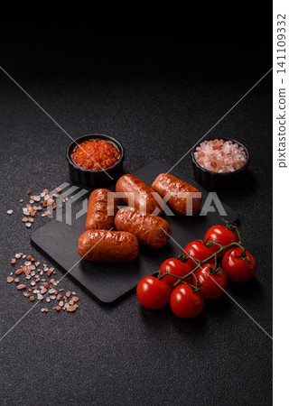Chicken or pork grilling sausages with garlic, salt, and spices. Grilling sausages 141109332