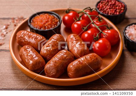 Chicken or pork grilling sausages with garlic, salt, and spices. Grilling sausages Chicken or pork grilling sausages with garlic, salt, and spices. Grilling sausages 141109350