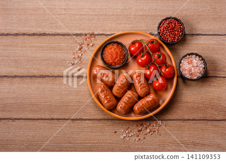 Chicken or pork grilling sausages with garlic, salt, and spices. Grilling sausages Chicken or pork grilling sausages with garlic, salt, and spices. Grilling sausages 141109353