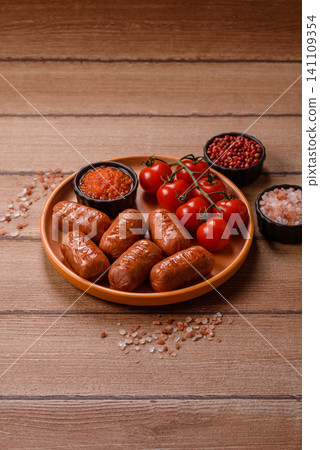 Chicken or pork grilling sausages with garlic, salt, and spices. Grilling sausages 141109354