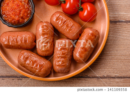 Chicken or pork grilling sausages with garlic, salt, and spices. Grilling sausages Chicken or pork grilling sausages with garlic, salt, and spices. Grilling sausages 141109358