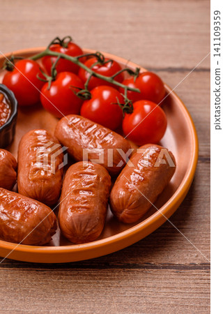 Chicken or pork grilling sausages with garlic, salt, and spices. Grilling sausages 141109359