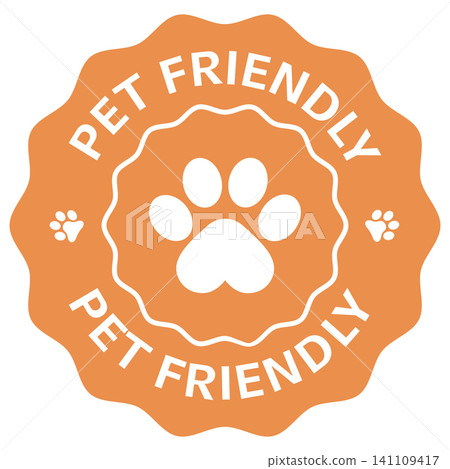 Flat badge illustration of a pet friendly seal depicting a paw print emblem with decorative scalloped border for animal welcoming signage Flat badge illustration of a pet friendly seal depicting a paw print emblem with decorative scalloped border for animal welcoming signage 141109417