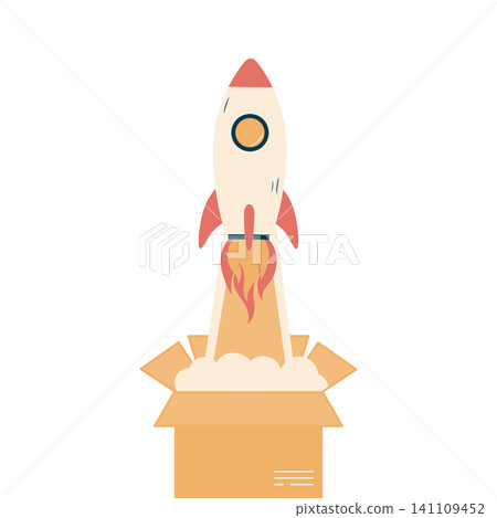 Flat illustration of a rocket launching out of a cardboard box depicting startup and innovation concept for business design 141109452