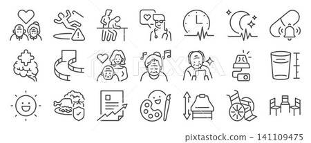  Elderly care center icon set. It includes nursing home, Day Care, Service, Senior, Vitality, Holistic Wellness and more icons. 141109475
