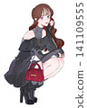 An illustration of a woman in a crouching position, resting her chin on her hand and smiling. Winter. 141109555
