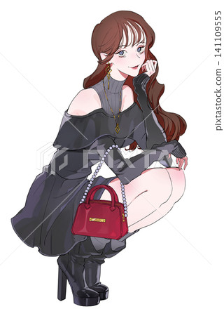 An illustration of a woman in a crouching position, resting her chin on her hand and smiling. Winter. An illustration of a woman in a crouching position, resting her chin on her hand and smiling. Winter. 141109555