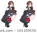 Illustration of a woman in a crouching pose with her chin resting on her hand; set of facial expression variations; winter. 141109556
