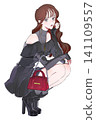 An illustration of a grumpy-looking woman crouching with her chin resting on her hand, in winter. 141109557