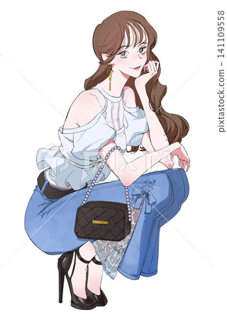 An illustration of a woman in a crouching position, resting her chin on her hand and smiling. Summer. An illustration of a woman in a crouching position, resting her chin on her hand and smiling. Summer. 141109558