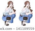 Illustration of a woman in a crouching pose with her chin resting on her hand; set of facial expression variations; Summer. 141109559