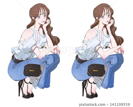 Illustration of a woman in a crouching pose with her chin resting on her hand; set of facial expression variations; Summer. Illustration of a woman in a crouching pose with her chin resting on her hand; set of facial expression variations; Summer. 141109559
