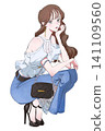 An illustration of a grumpy-looking woman crouching with her chin resting on her hand. (Summer) 141109560