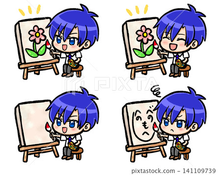 A set of chibi character illustrations of a boy drawing on a canvas. A set of chibi character illustrations of a boy drawing on a canvas. 141109739