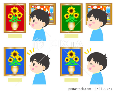 一組兩幅插圖,描繪了一個男孩在美術館欣賞畫作。 一組兩幅插圖,描繪了一個男孩在美術館欣賞畫作。 141109765