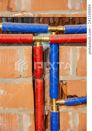 Copper water supply system with red and blue insulation Copper water supply system with red and blue insulation 141109804