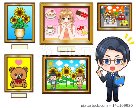 Illustration of a male curator introducing paintings (2) 141109920