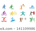 Flat sports activity icon set featuring running, soccer, basketball, swimming, cycling, tennis, yoga, boxing, gymnastics, surfing, archery and volleyball isolated on white background 141109986