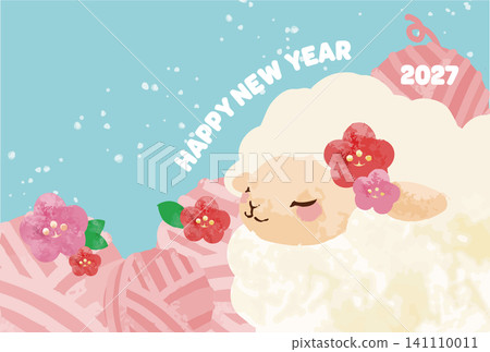 Watercolor-style hand-drawn sheep and yarn New Year's card template Watercolor-style hand-drawn sheep and yarn New Year's card template 141110011