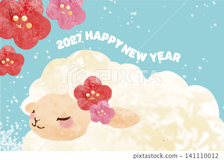 Watercolor-style hand-drawn sheep and yarn New Year's card template Watercolor-style hand-drawn sheep and yarn New Year's card template 141110012