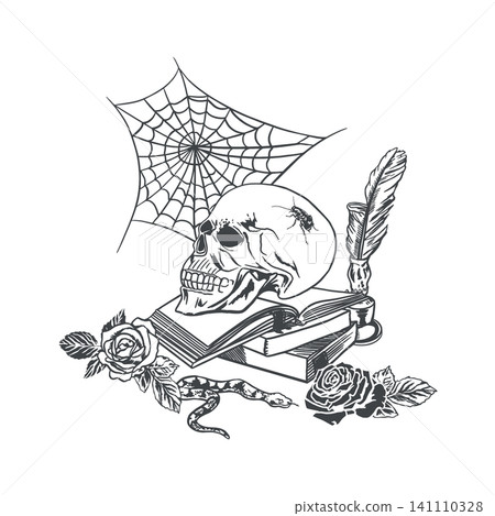 Human skull resting on books, roses, a crawling snake and a spiderweb. Hand drawn vector illustration in a line art style. Black ink clipart for Halloween cards, invitations and tattoo designs. Human skull resting on books, roses, a crawling snake and a spiderweb. Hand drawn vector illustration in a line art style. Black ink clipart for Halloween cards, invitations and tattoo designs. 141110328